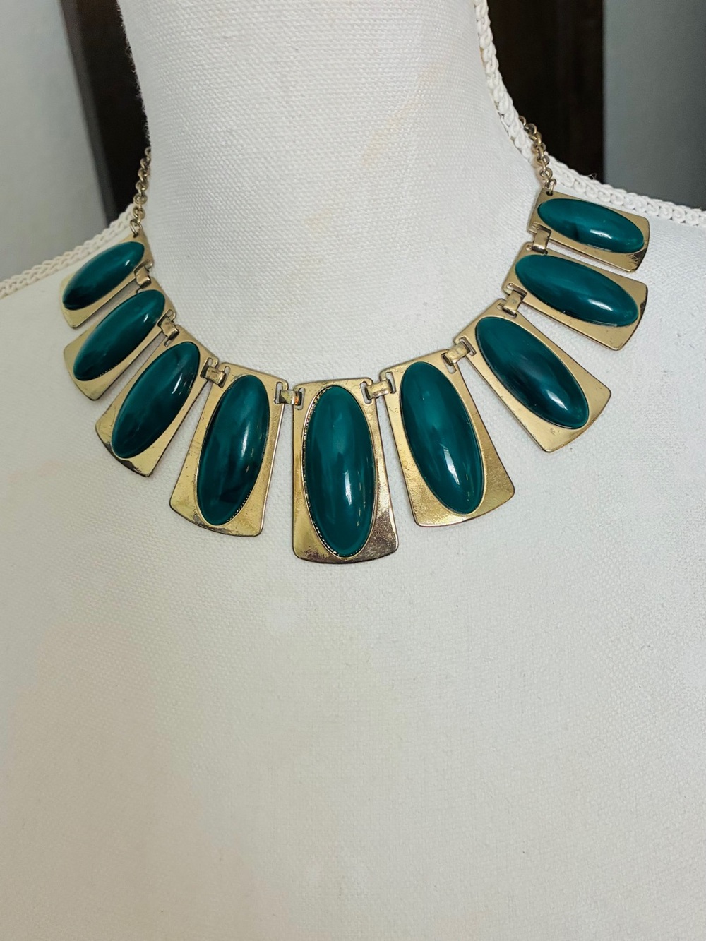 Gold-Tone Statement Necklace with Teal Cabochons
